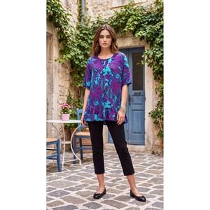 Vintage 90s Purple Teal Floral Tunic Boho Babydoll Short Sleeve L